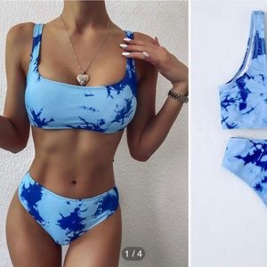 She in tie die two piece swimsuit blue and purple large
